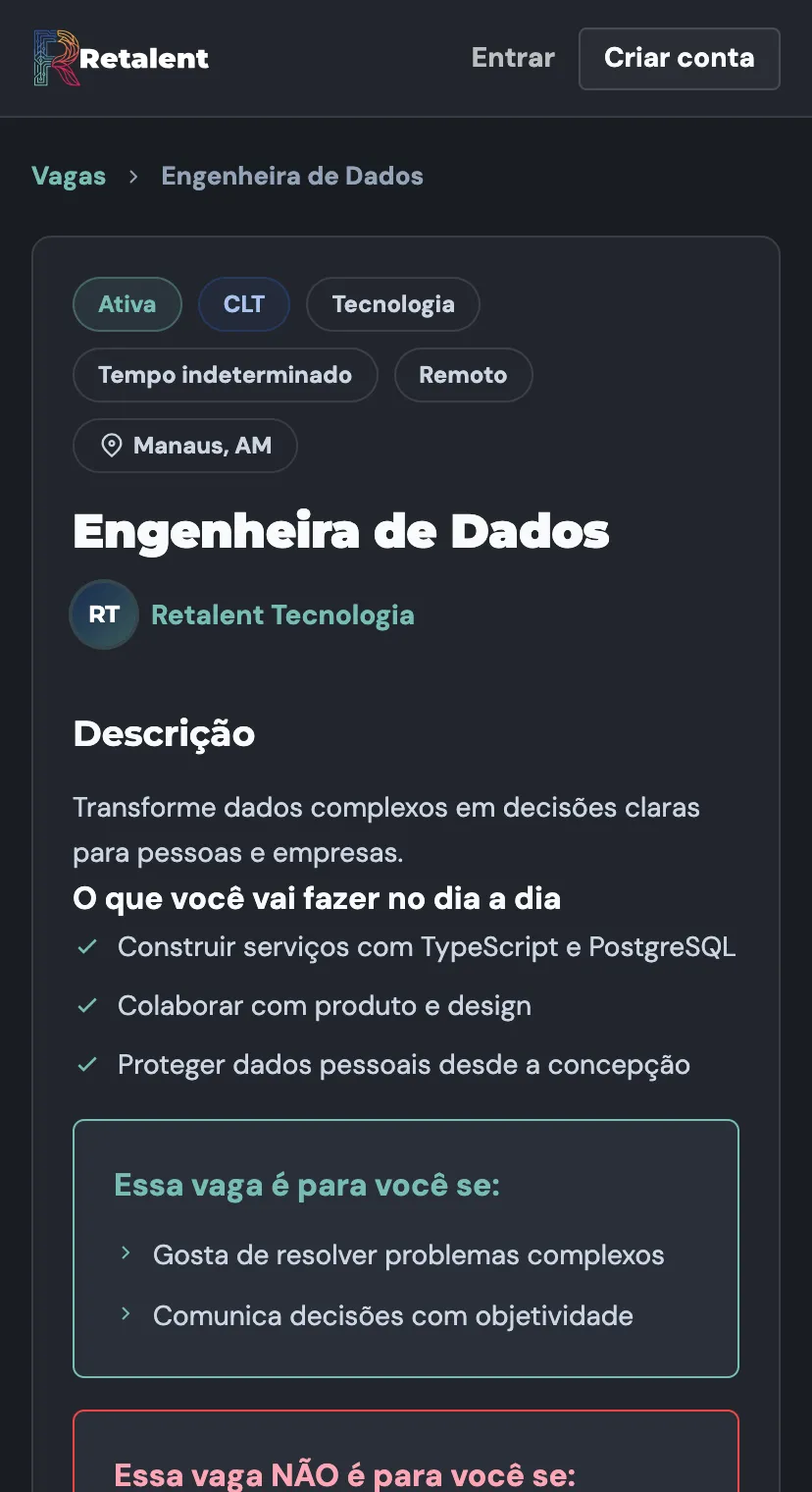 A página pública de uma vaga no Retalent, com o nome do cargo, a empresa, a descrição do trabalho e o botão de candidatura.